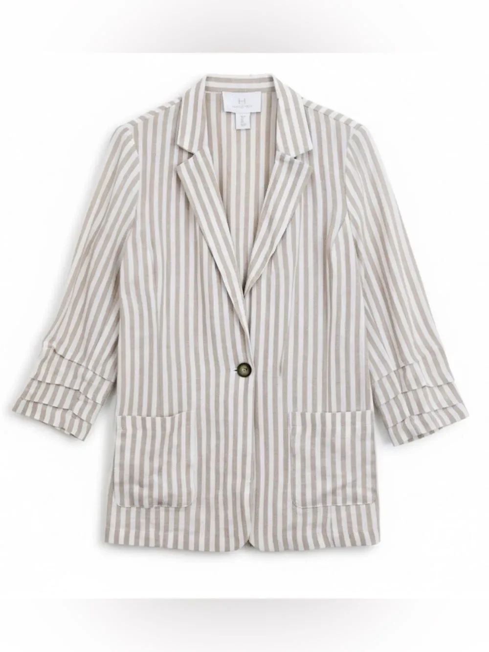 H by Halston Linen Stripe Single Button Blazer Size Large Casual Tan/White